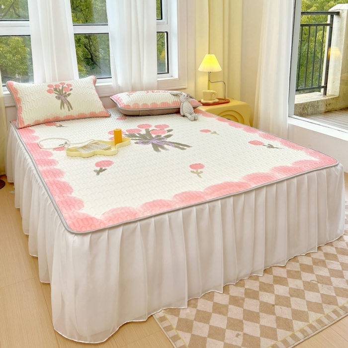 91家纺网 家纺一手货源 找家纺 慕尚 2025新款花边凉感丝乳胶凉席床席床裙款 莫奈