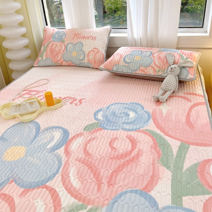 91家纺网 家纺一手货源 找家纺 慕尚 2025新款花边凉感丝乳胶凉席床席床裙款 夏日花语