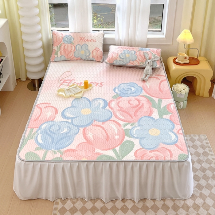 91家纺网 家纺一手货源 找家纺 慕尚 2025新款花边凉感丝乳胶凉席床席床裙款 夏日花语