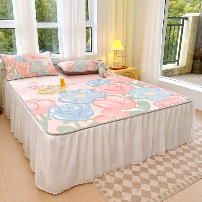 91家纺网 家纺一手货源 找家纺 慕尚 2025新款花边凉感丝乳胶凉席床席床裙款 夏日花语