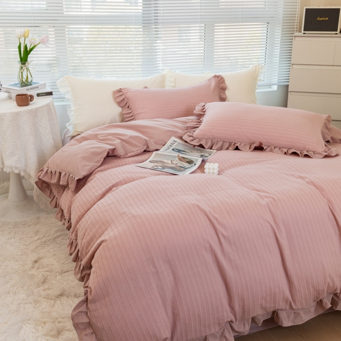 91家纺网 家纺一手货源 找家纺 慕尚 2025新款全棉镂空水洗棉四件套 沉香-豆沙