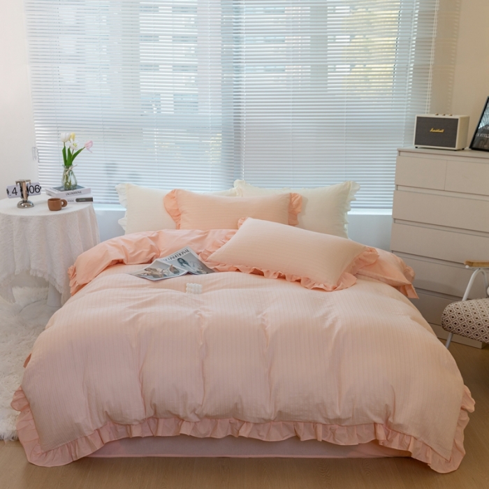 91家纺网 家纺一手货源 找家纺 慕尚 2025新款全棉镂空水洗棉四件套 沉香-粉玉