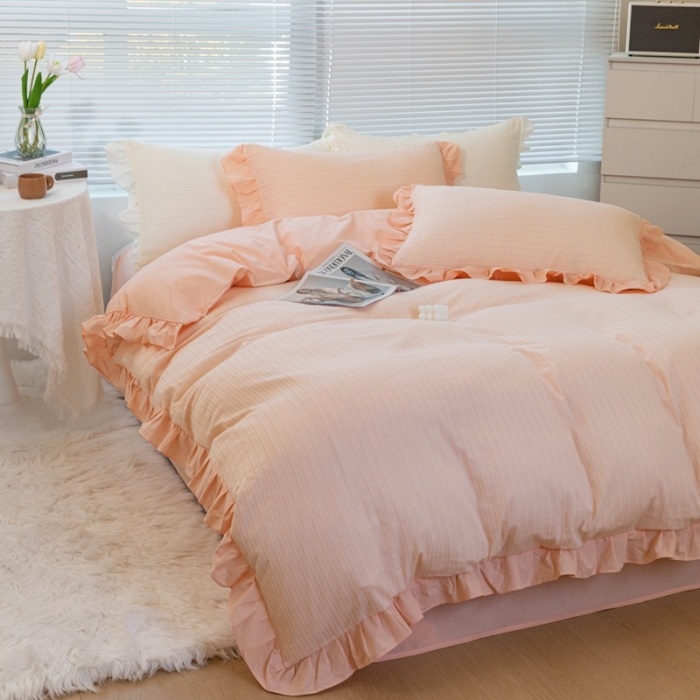 91家纺网 家纺一手货源 找家纺 慕尚 2025新款全棉镂空水洗棉四件套 沉香-粉玉