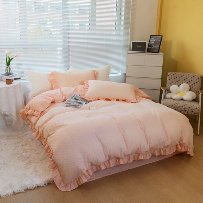 91家纺网 家纺一手货源 找家纺 慕尚 2025新款全棉镂空水洗棉四件套 沉香-粉玉