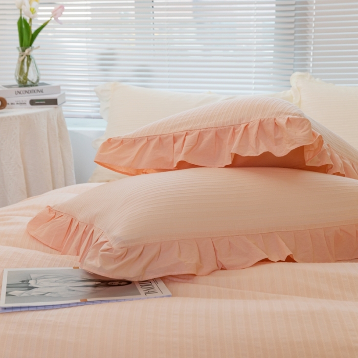 91家纺网 家纺一手货源 找家纺 慕尚 2025新款全棉镂空水洗棉四件套 沉香-粉玉