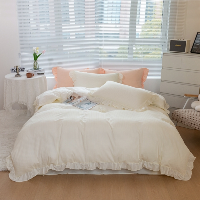 91家纺网 家纺一手货源 找家纺 慕尚 2025新款全棉镂空水洗棉四件套 沉香-米白