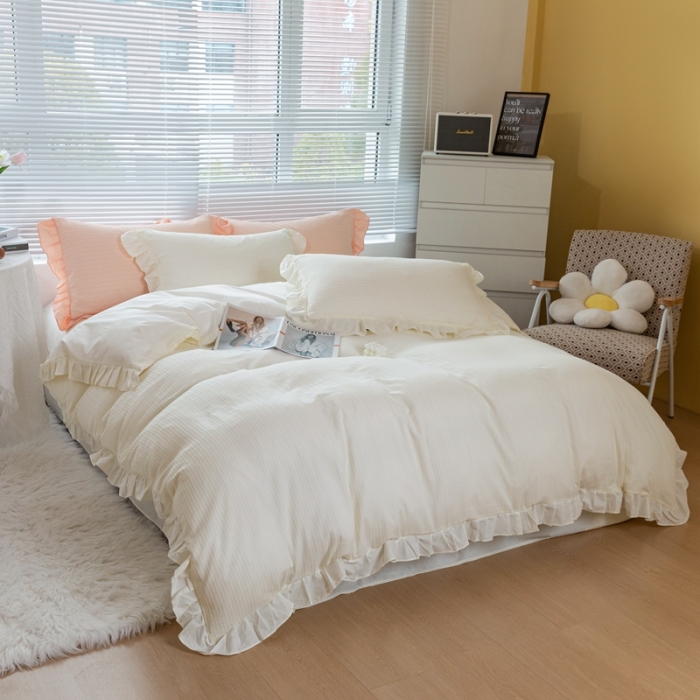 91家纺网 家纺一手货源 找家纺 慕尚 2025新款全棉镂空水洗棉四件套 沉香-米白