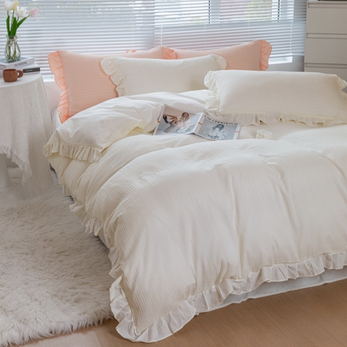 91家纺网 家纺一手货源 找家纺 慕尚 2025新款全棉镂空水洗棉四件套 沉香-米白