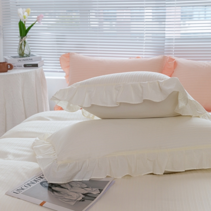 91家纺网 家纺一手货源 找家纺 慕尚 2025新款全棉镂空水洗棉四件套 沉香-米白