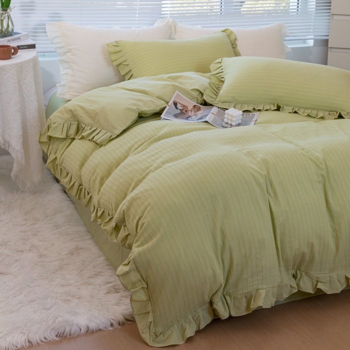 91家纺网 家纺一手货源 找家纺 慕尚 2025新款全棉镂空水洗棉四件套 沉香-嫩芽绿