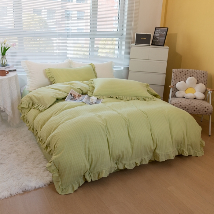 91家纺网 家纺一手货源 找家纺 慕尚 2025新款全棉镂空水洗棉四件套 沉香-嫩芽绿