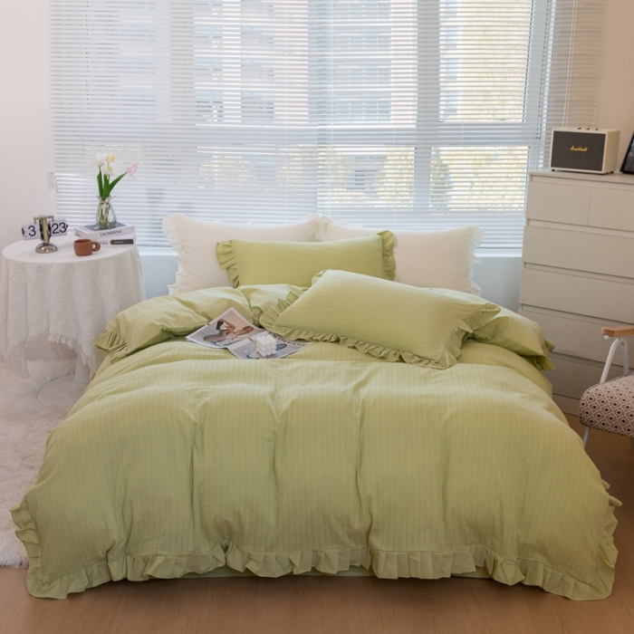 91家纺网 家纺一手货源 找家纺 慕尚 2025新款全棉镂空水洗棉四件套 沉香-嫩芽绿