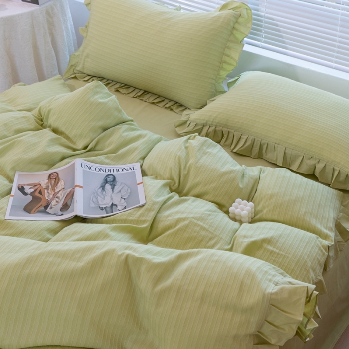 91家纺网 家纺一手货源 找家纺 慕尚 2025新款全棉镂空水洗棉四件套 沉香-嫩芽绿