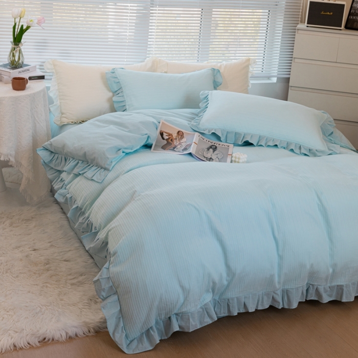 91家纺网 家纺一手货源 找家纺 慕尚 2025新款全棉镂空水洗棉四件套 沉香-浅蓝