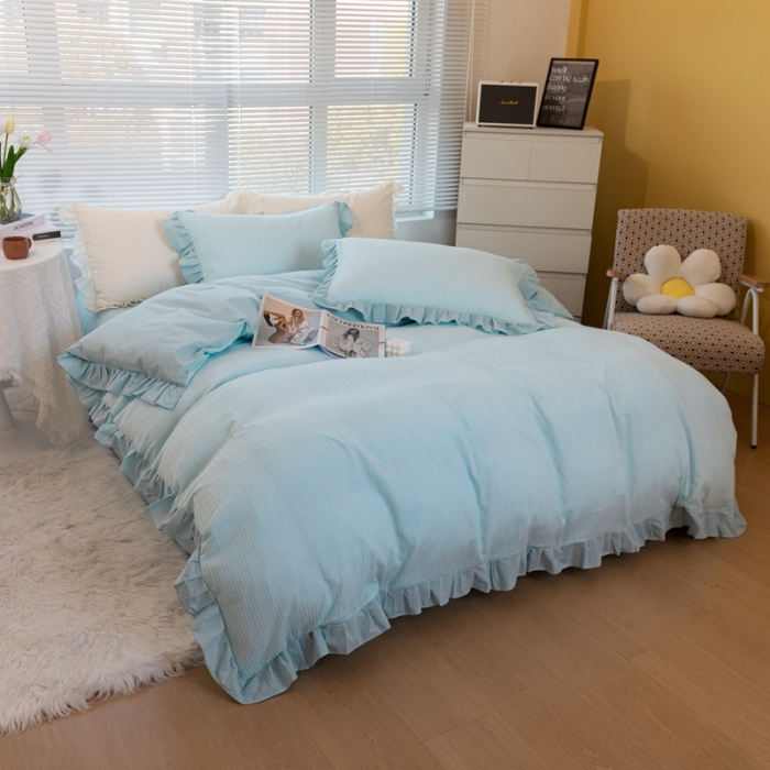 91家纺网 家纺一手货源 找家纺 慕尚 2025新款全棉镂空水洗棉四件套 沉香-浅蓝