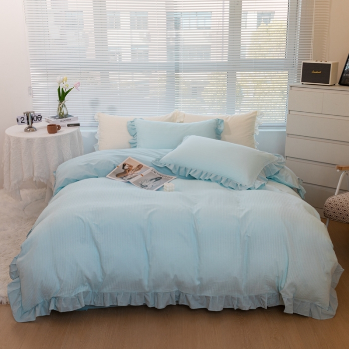 91家纺网 家纺一手货源 找家纺 慕尚 2025新款全棉镂空水洗棉四件套 沉香-浅蓝