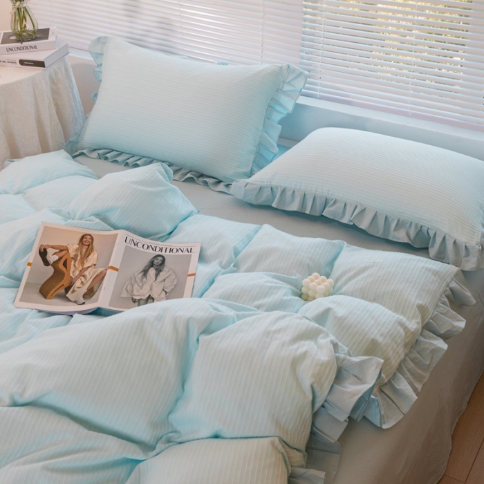 91家纺网 家纺一手货源 找家纺 慕尚 2025新款全棉镂空水洗棉四件套 沉香-浅蓝