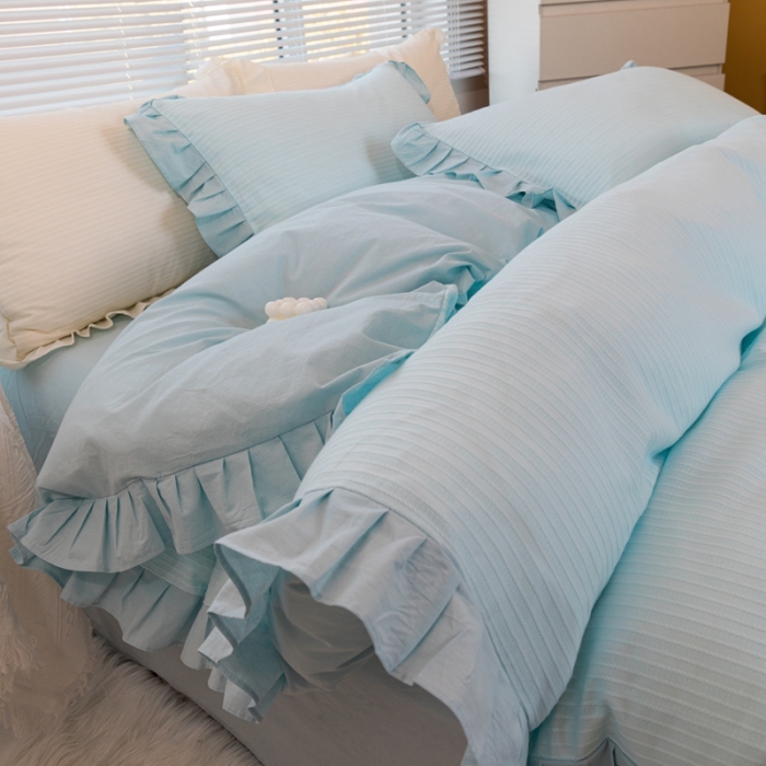 91家纺网 家纺一手货源 找家纺 慕尚 2025新款全棉镂空水洗棉四件套 沉香-浅蓝