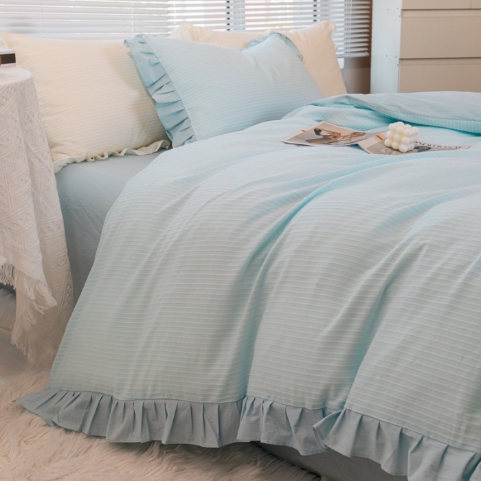 91家纺网 家纺一手货源 找家纺 慕尚 2025新款全棉镂空水洗棉四件套 沉香-浅蓝