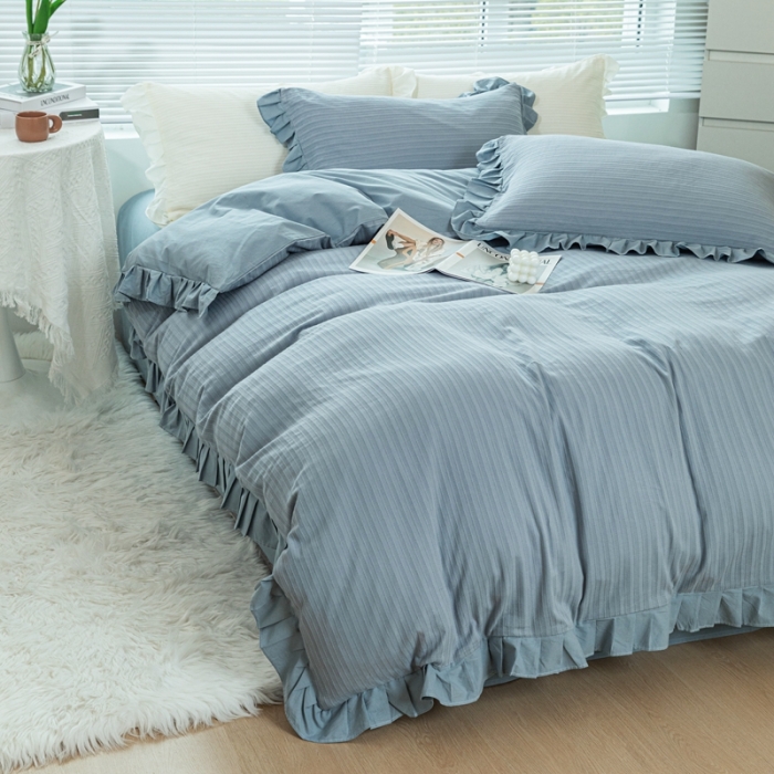 91家纺网 家纺一手货源 找家纺 慕尚 2025新款全棉镂空水洗棉四件套 沉香-天空兰