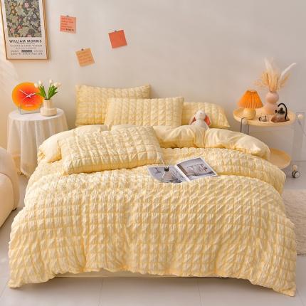 91家纺网 家纺一手货源 找家纺 梦莱情 2023新款泡泡纱水洗棉四件套 泡泡奶芙-柠檬黄