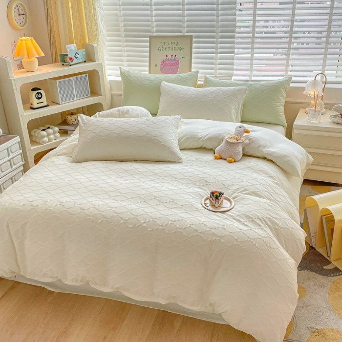 91家纺网 家纺一手货源 找家纺 阿曼达 2023新款水洗m泡泡纱四件套 泡泡格-奶油白