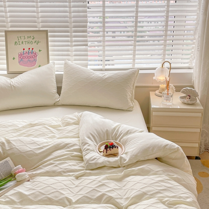 91家纺网 家纺一手货源 找家纺 阿曼达 2023新款水洗m泡泡纱四件套 泡泡格-奶油白