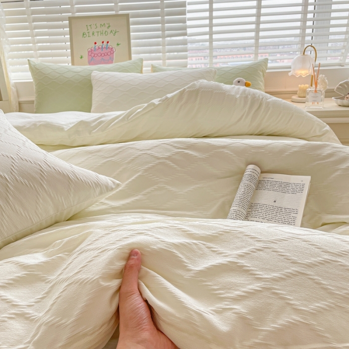 91家纺网 家纺一手货源 找家纺 阿曼达 2023新款水洗m泡泡纱四件套 泡泡格-奶油白