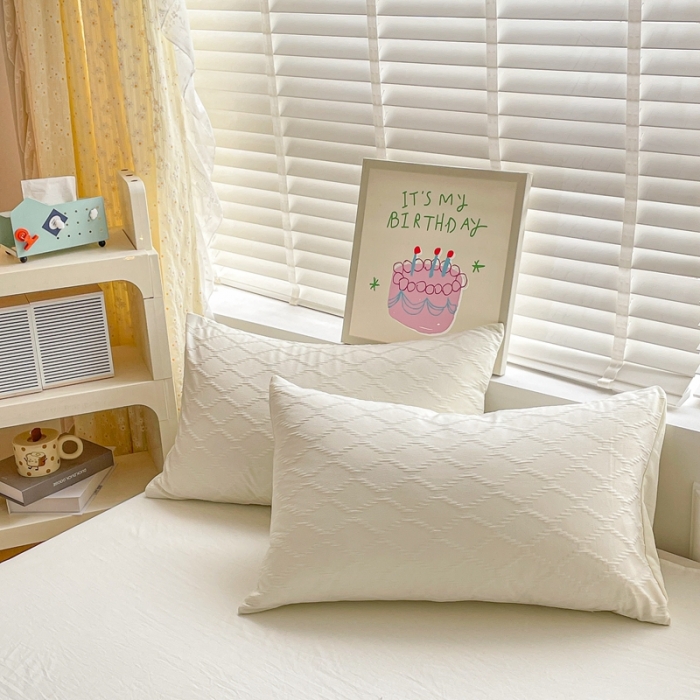 91家纺网 家纺一手货源 找家纺 阿曼达 2023新款水洗m泡泡纱四件套 泡泡格-奶油白