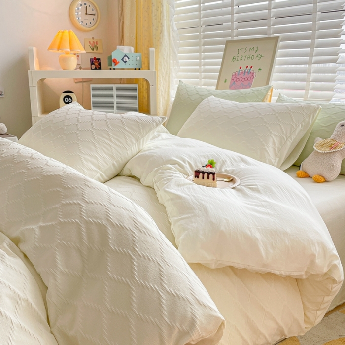 91家纺网 家纺一手货源 找家纺 阿曼达 2023新款水洗m泡泡纱四件套 泡泡格-奶油白