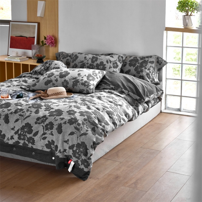 91家纺网 家纺一手货源 找家纺 安莱生活 2023新款双层纱大提花高奢工艺款花都系列四件套 花都-深灰