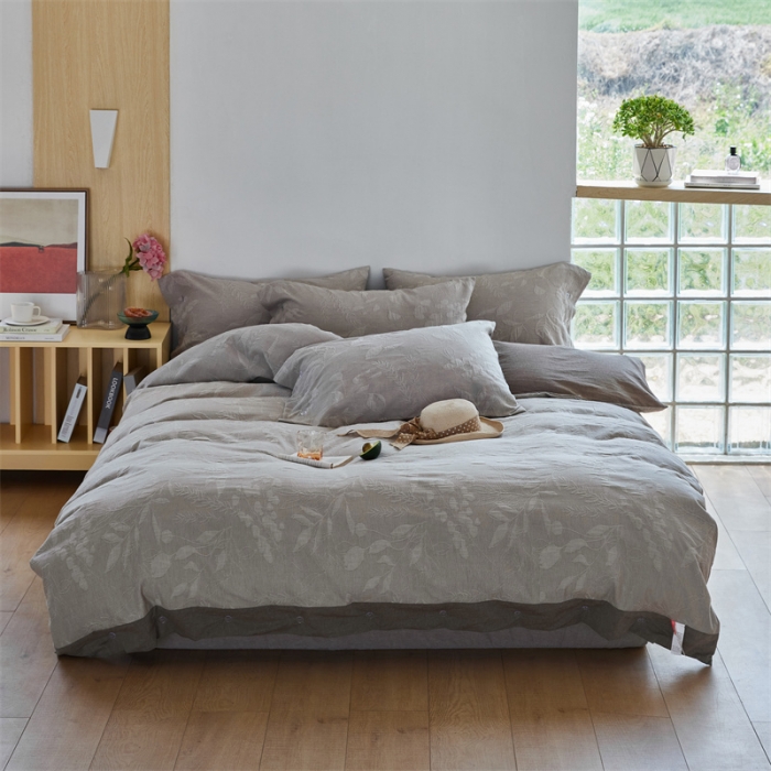 91家纺网 家纺一手货源 找家纺 安莱生活 2023新款双层纱大提花高奢工艺款叶影系列四件套 叶影-浅灰