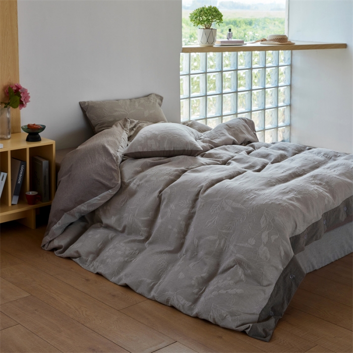 91家纺网 家纺一手货源 找家纺 安莱生活 2023新款双层纱大提花高奢工艺款叶影系列四件套 叶影-浅灰