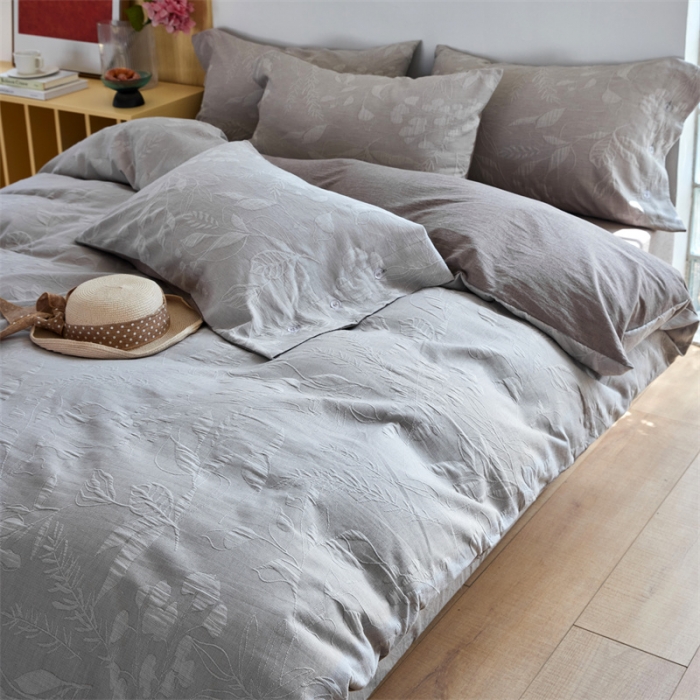 91家纺网 家纺一手货源 找家纺 安莱生活 2023新款双层纱大提花高奢工艺款叶影系列四件套 叶影-浅灰