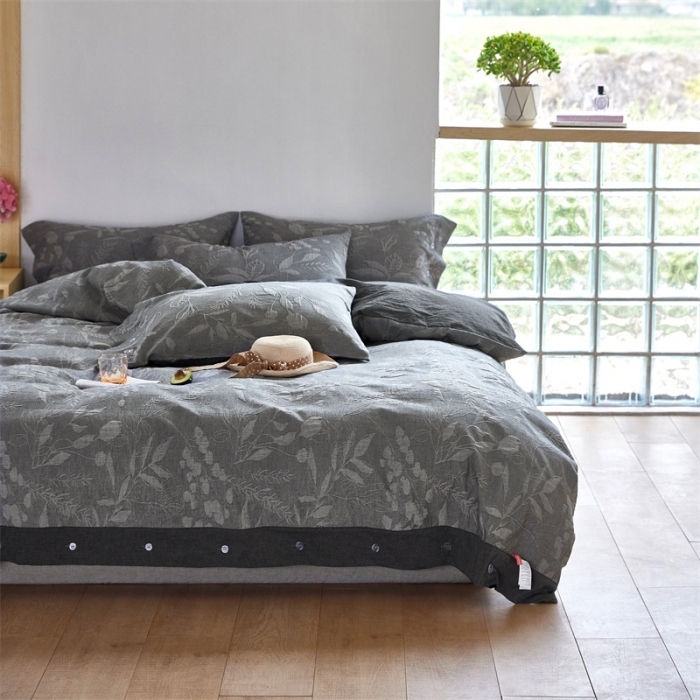 91家纺网 家纺一手货源 找家纺 安莱生活 2023新款双层纱大提花高奢工艺款叶影系列四件套 叶影-深灰