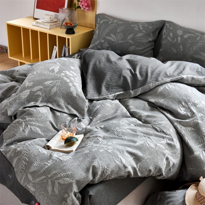 91家纺网 家纺一手货源 找家纺 安莱生活 2023新款双层纱大提花高奢工艺款叶影系列四件套 叶影-深灰