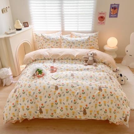 顾里家纺 2023新款40支13372全棉四季款韩系氛围四件套 春日花兔