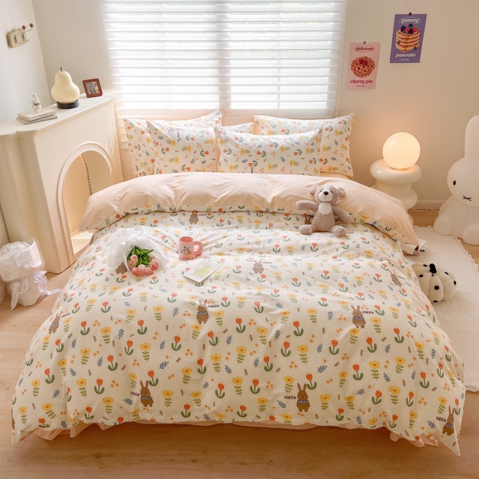 91家纺网 家纺一手货源 找家纺 顾里家纺 2023新款40支13372全棉四季款韩系氛围四件套 春日花兔