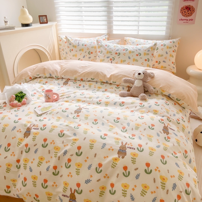 91家纺网 家纺一手货源 找家纺 顾里家纺 2023新款40支13372全棉四季款韩系氛围四件套 春日花兔