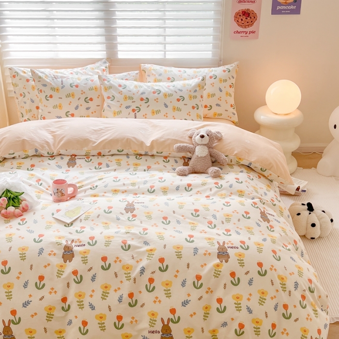 91家纺网 家纺一手货源 找家纺 顾里家纺 2023新款40支13372全棉四季款韩系氛围四件套 春日花兔