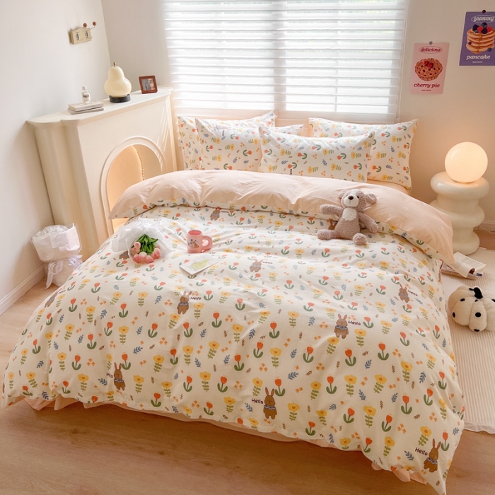 91家纺网 家纺一手货源 找家纺 顾里家纺 2023新款40支13372全棉四季款韩系氛围四件套 春日花兔