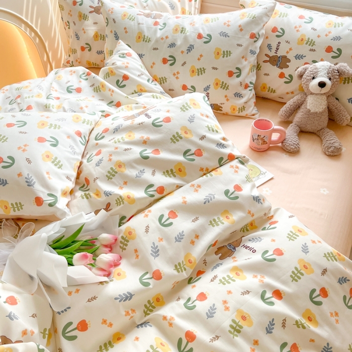 91家纺网 家纺一手货源 找家纺 顾里家纺 2023新款40支13372全棉四季款韩系氛围四件套 春日花兔