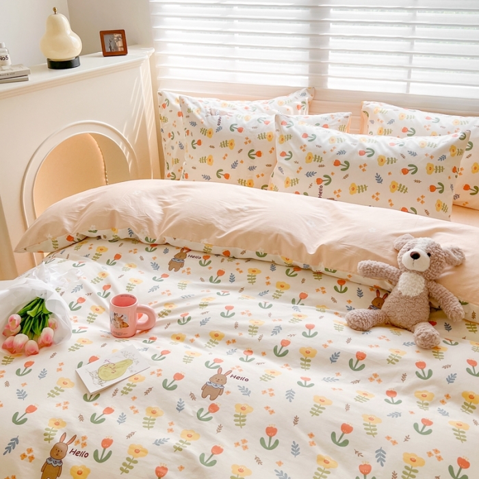 91家纺网 家纺一手货源 找家纺 顾里家纺 2023新款40支13372全棉四季款韩系氛围四件套 春日花兔