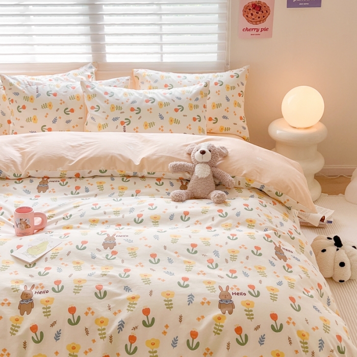 91家纺网 家纺一手货源 找家纺 顾里家纺 2023新款40支13372全棉四季款韩系氛围四件套 春日花兔