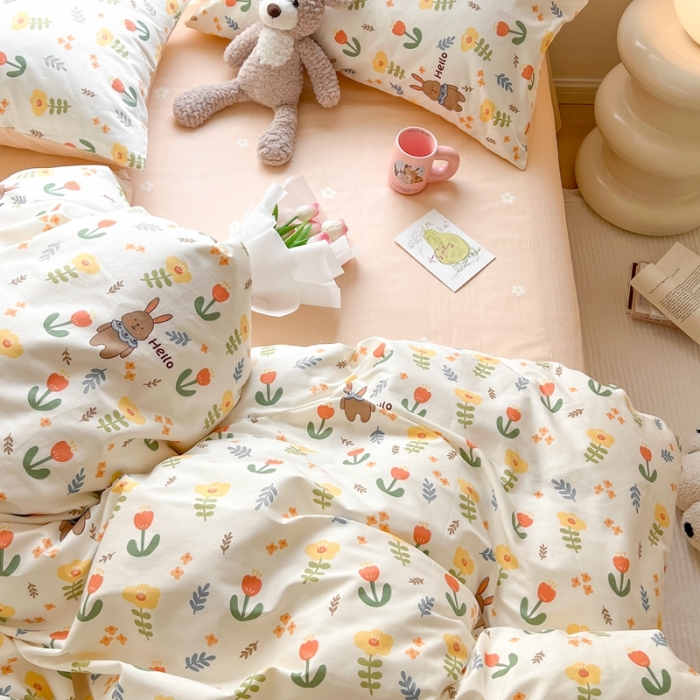 91家纺网 家纺一手货源 找家纺 顾里家纺 2023新款40支13372全棉四季款韩系氛围四件套 春日花兔