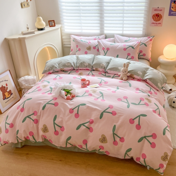 91家纺网 家纺一手货源 找家纺 顾里家纺 2023新款40支13372全棉四季款韩系氛围四件套 粉雾樱桃