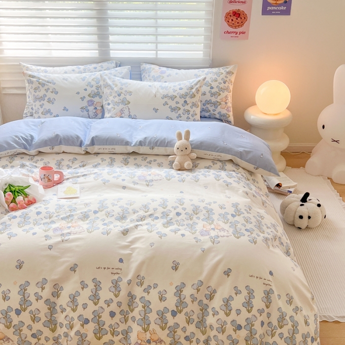 91家纺网 家纺一手货源 找家纺 顾里家纺 2023新款40支13372全棉四季款韩系氛围四件套 铃兰小兔