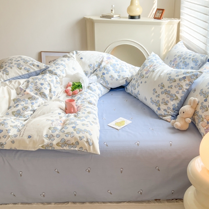 91家纺网 家纺一手货源 找家纺 顾里家纺 2023新款40支13372全棉四季款韩系氛围四件套 铃兰小兔