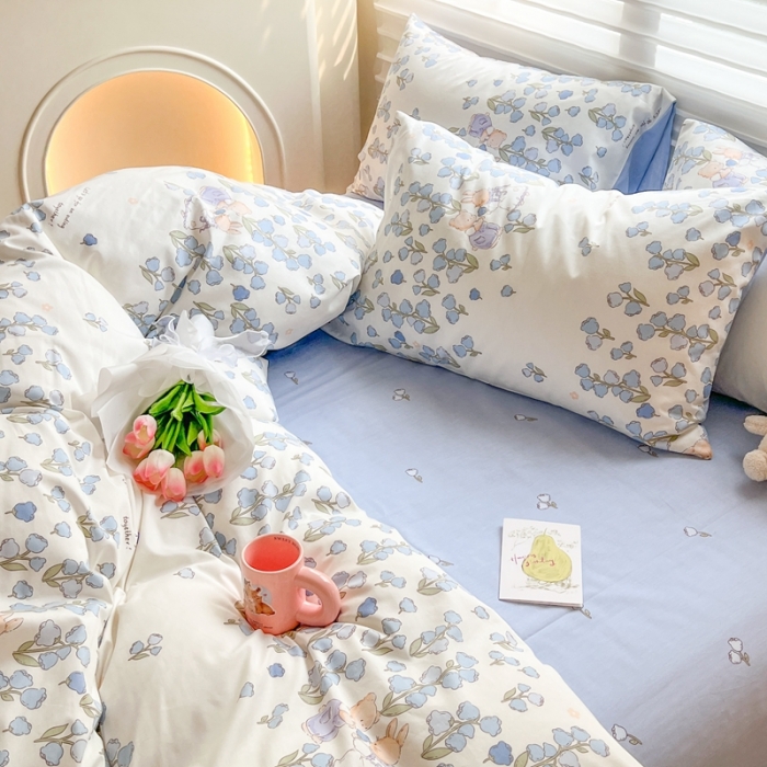 91家纺网 家纺一手货源 找家纺 顾里家纺 2023新款40支13372全棉四季款韩系氛围四件套 铃兰小兔