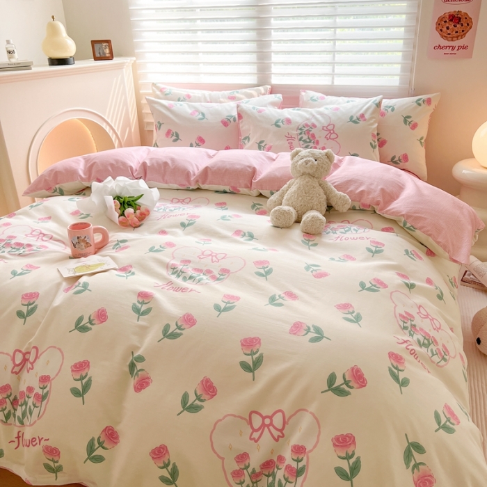 91家纺网 家纺一手货源 找家纺 顾里家纺 2023新款40支13372全棉四季款韩系氛围四件套 熊园花朵